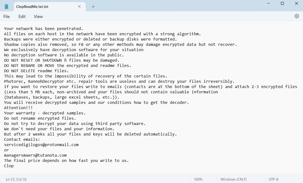 Clop ransomware note