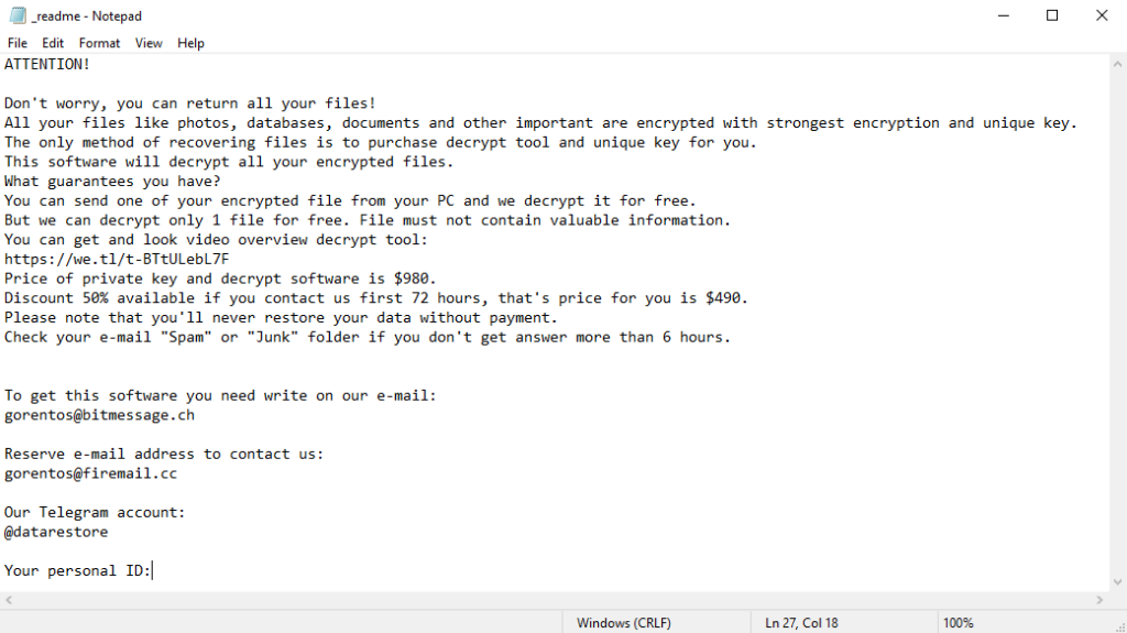 Ransom note created by STOP/Djvu ransomware