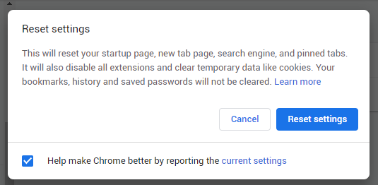 Reset Chrome browser