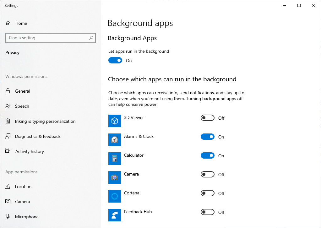 Disable background apps in Windows