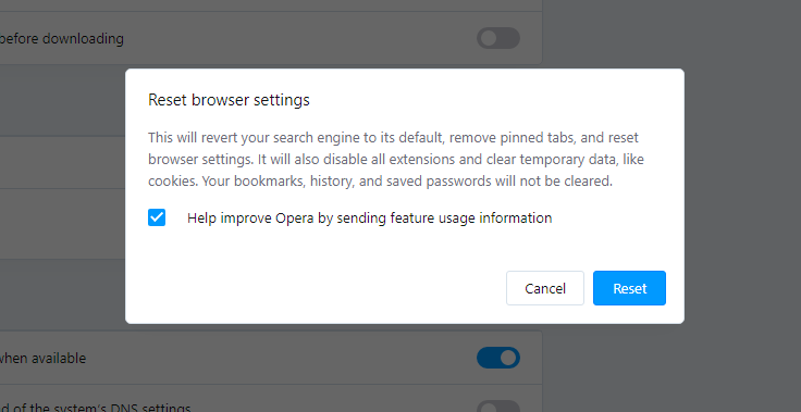 Reset Opera browser